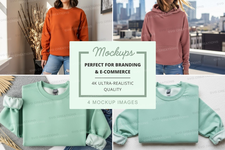 Women trying on oversized green sweatshirt mockup urban outd