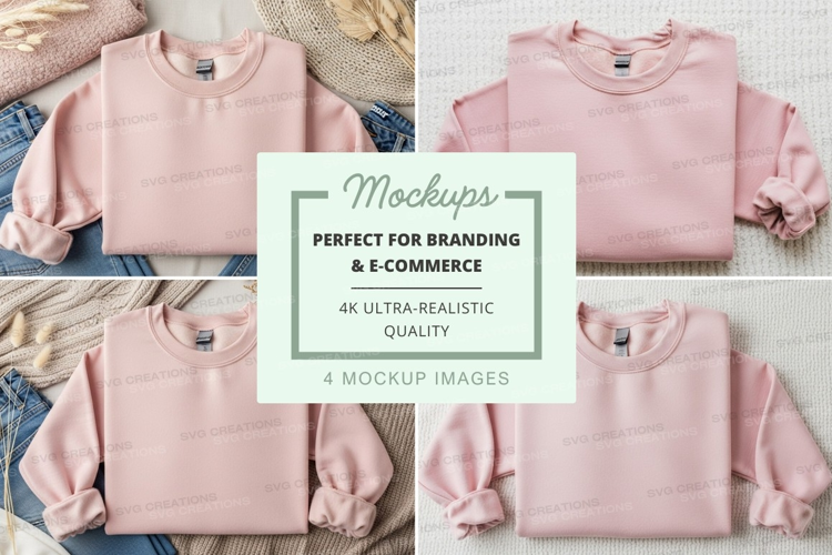 Pink sweatshirt mockup on denim fabric flat lay