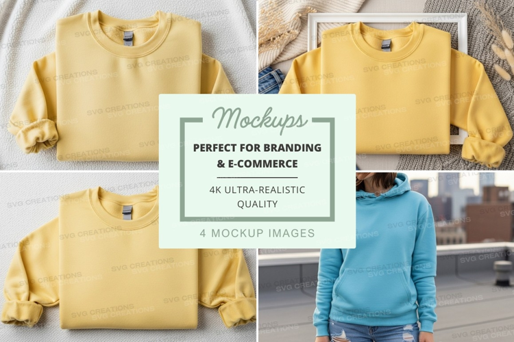 Yellow hoodie mockup on hanger and model urban lifestyle