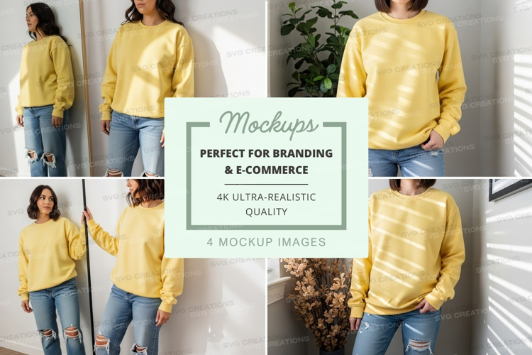 Woman wearing yellow distressed sweatshirt mockup on white b
