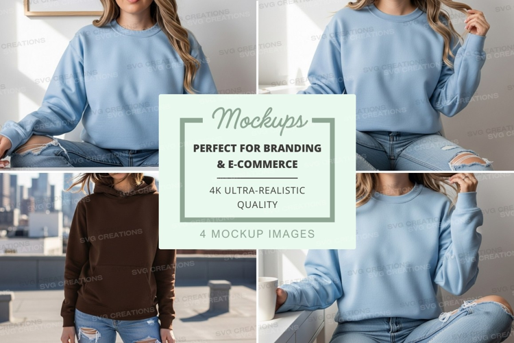 Woman in blue hoodie mockup indoor lifestyle casual