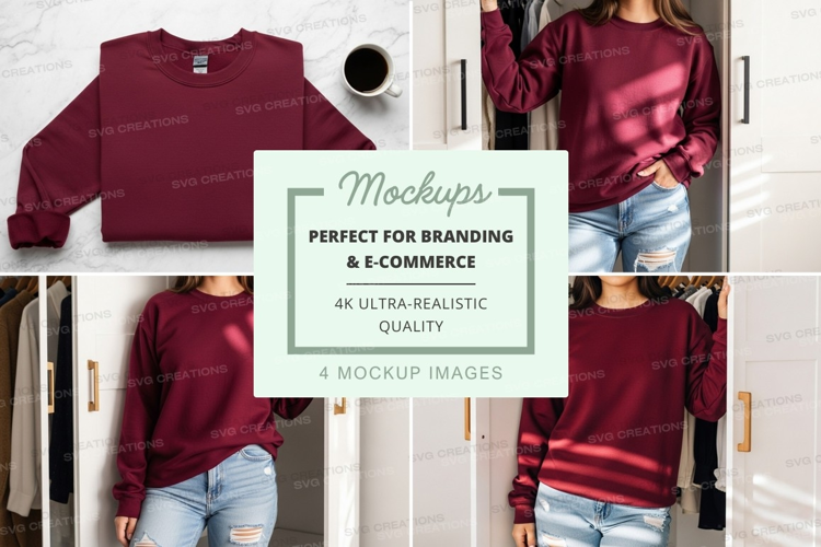 Woman wearing burgundy sweatshirt mockup on white brick wall