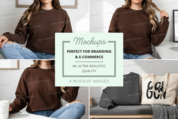 Woman wearing brown sweater mockup lifestyle cozy home