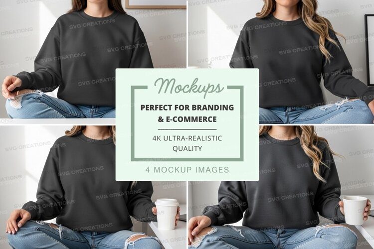 Woman wearing black sweater mockup indoor lifestyle scene example image 1