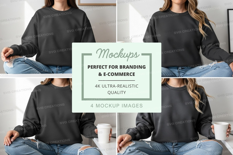 Woman wearing black sweater mockup indoor lifestyle scene