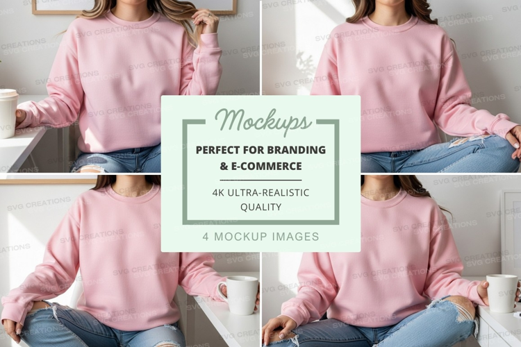 Woman pink sweatshirt mockup lifestyle indoor natural light