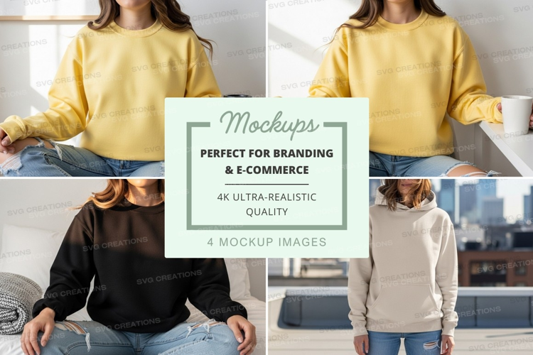 Woman mockup floating sweater coffee urban lifestyle