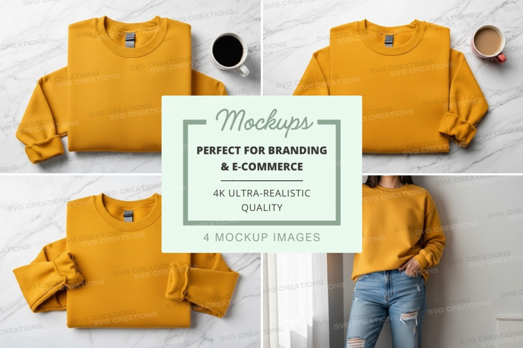 Yellow sweatshirt mockup on marble with coffee and jeans