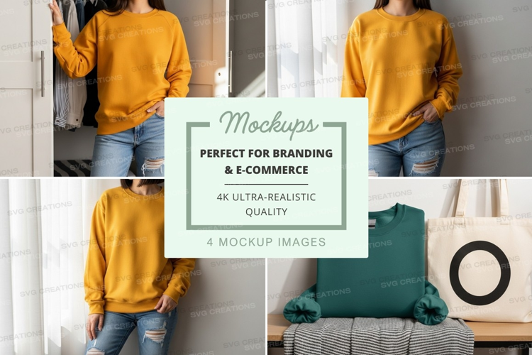 Woman in yellow sweater mockup on white brick wall