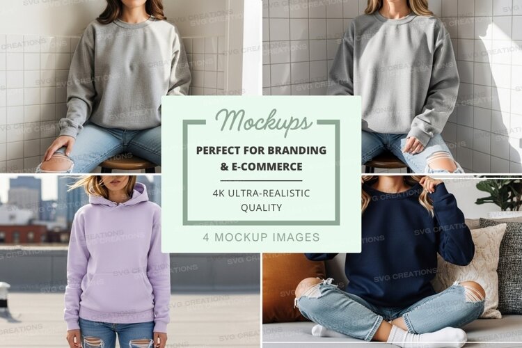 3D mockup women sitting on hoodie stack urban lifestyle example image 1