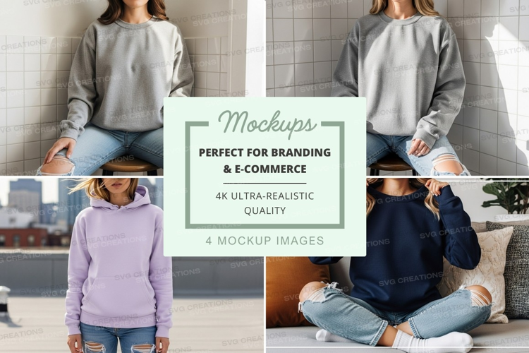 3D mockup women sitting on hoodie stack urban lifestyle