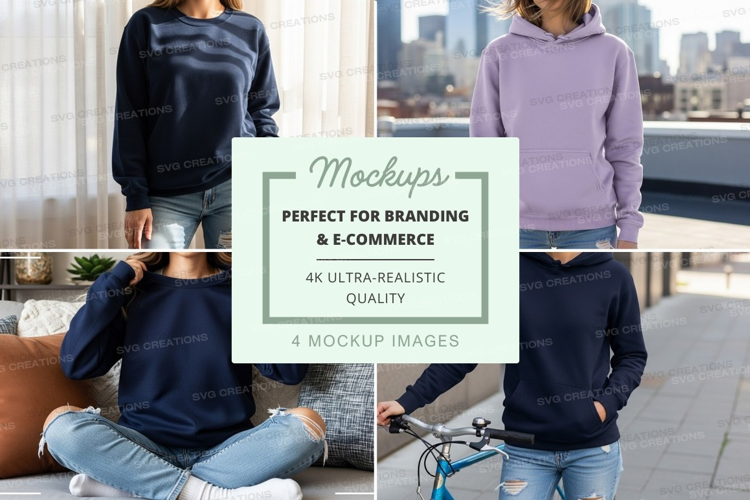 Woman mockup casual urban lifestyle hoodie jeans cityscape