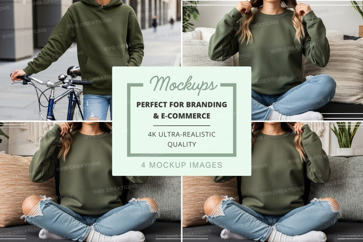 Woman mockup sitting with bike urban lifestyle green hoodie