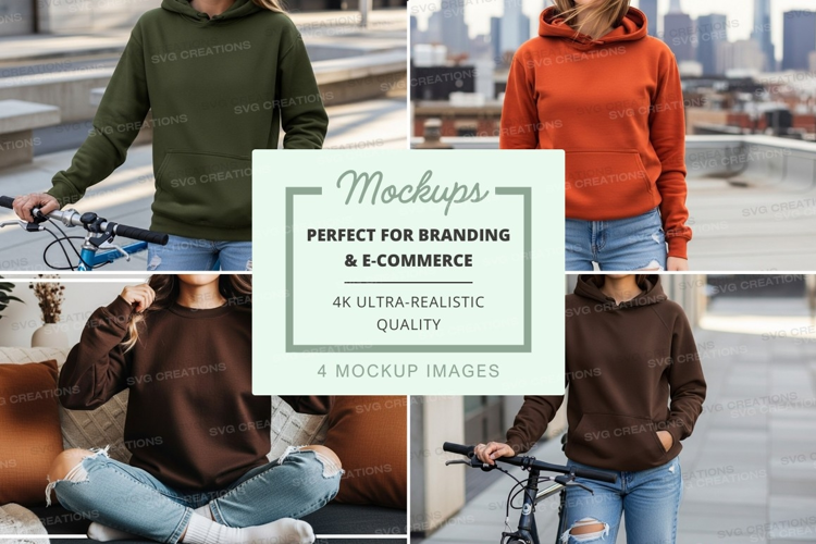 Woman cycling city mockup hoodie lifestyle urban