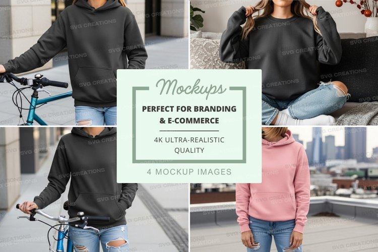 Woman hoodie mockup urban lifestyle jumping cycling