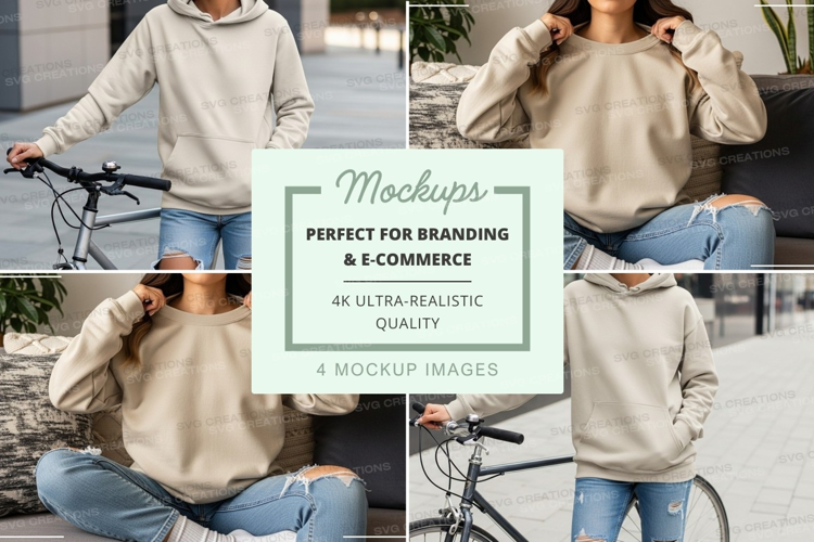 Woman hoodie mockup cycling urban lifestyle casual