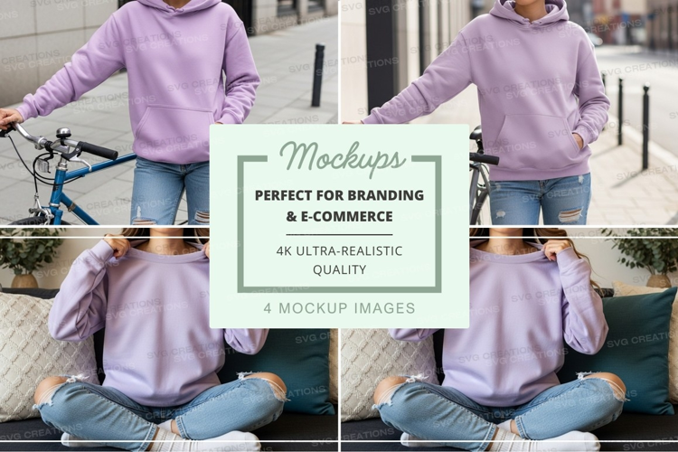 Woman cycling mockup reflection lifestyle urban purple hoodi