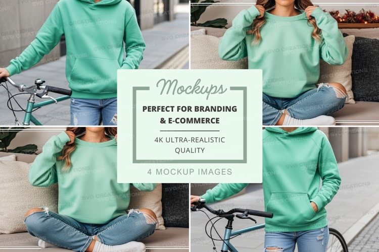 Woman in green hoodie mockup with bicycle on urban steps