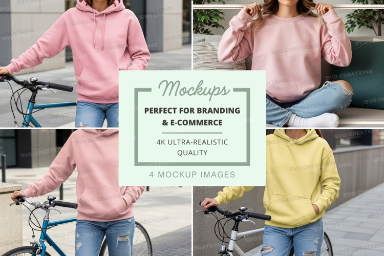 Woman pink hoodie mockup cycling urban lifestyle