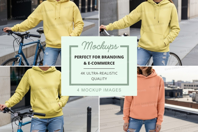 Woman cycling mockup urban lifestyle hoodie jeans