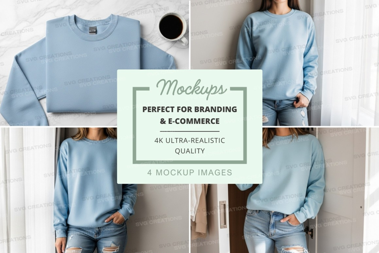 Light blue sweatshirt mockup on model and hanger minimalist