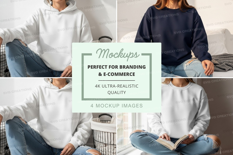 Woman in oversized hoodie mockup on bed reading book