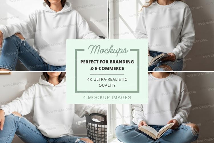 Woman reading book mockup on couch in cozy home