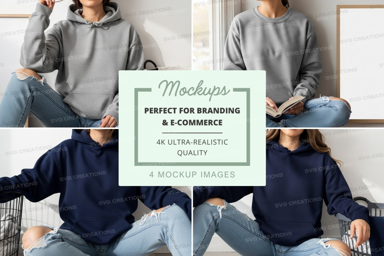 Woman reading book mockup on gray hoodie lifestyle