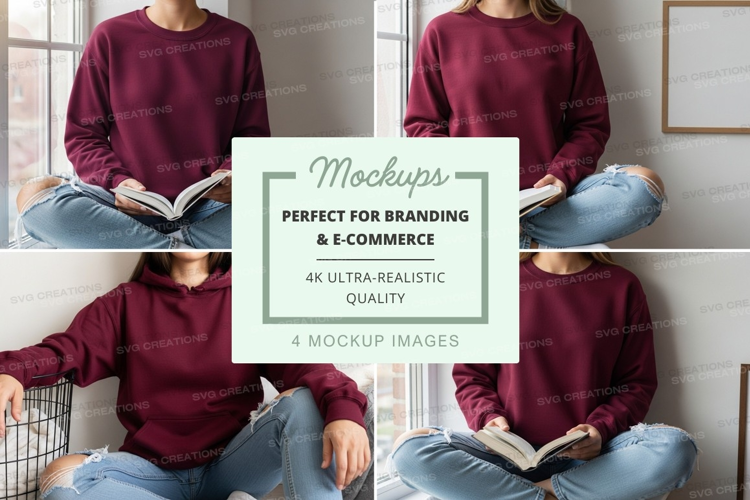 Woman reading book mockup cozy burgundy sweater indoor