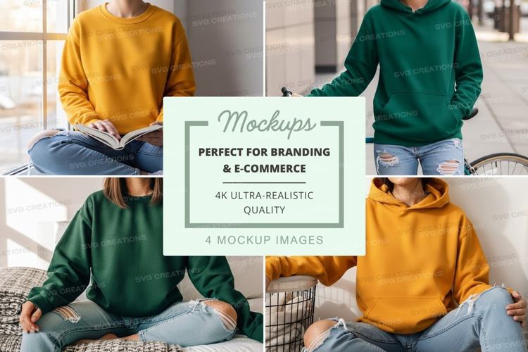 Woman reading book mockup in cozy green hoodie
