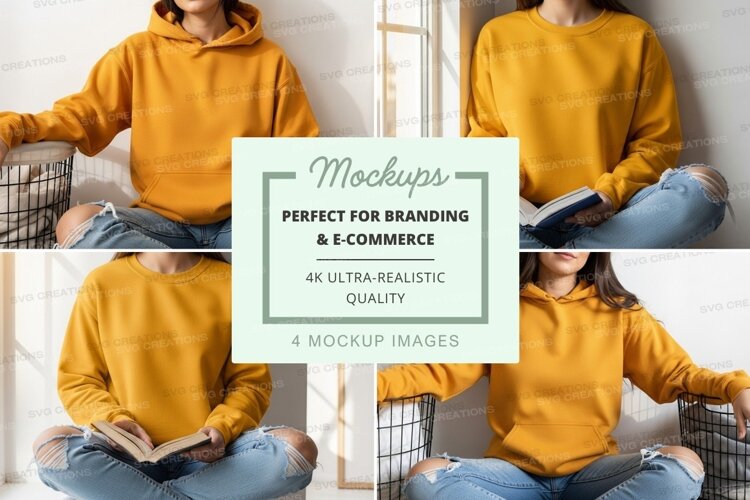 Woman reading book mockup in cozy yellow hoodie example image 1