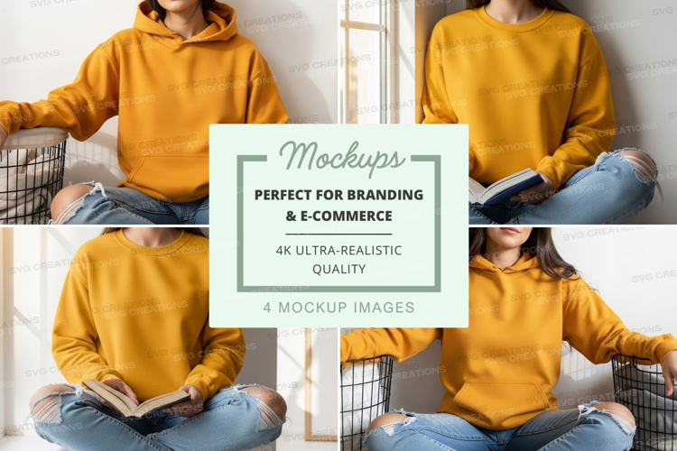Woman reading book mockup in cozy yellow hoodie