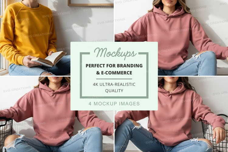 Woman hoodie mockup casual lifestyle indoor natural light