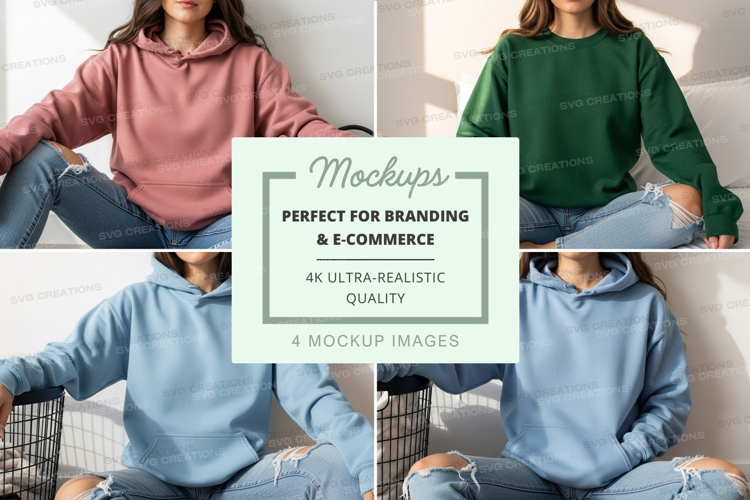 Women in hoodies mockup on bed with basket lifestyle scene