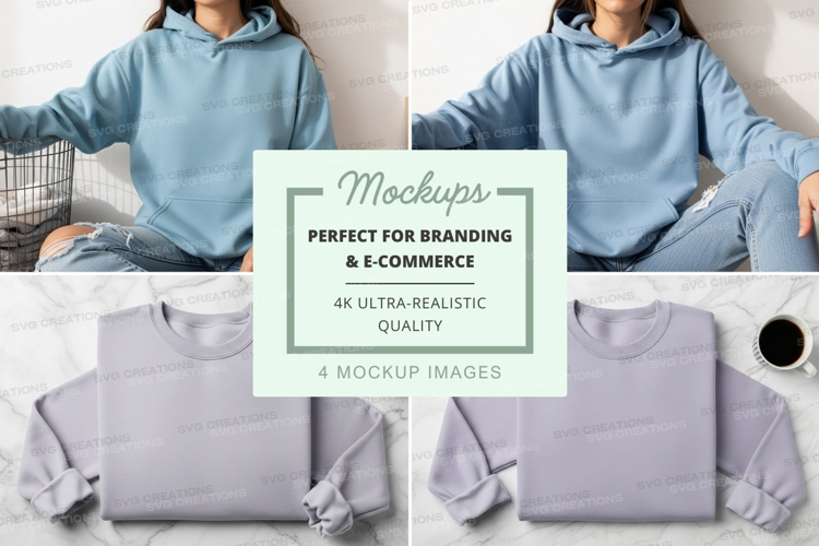 Woman wearing oversized hoodie mockup on bed with coffee