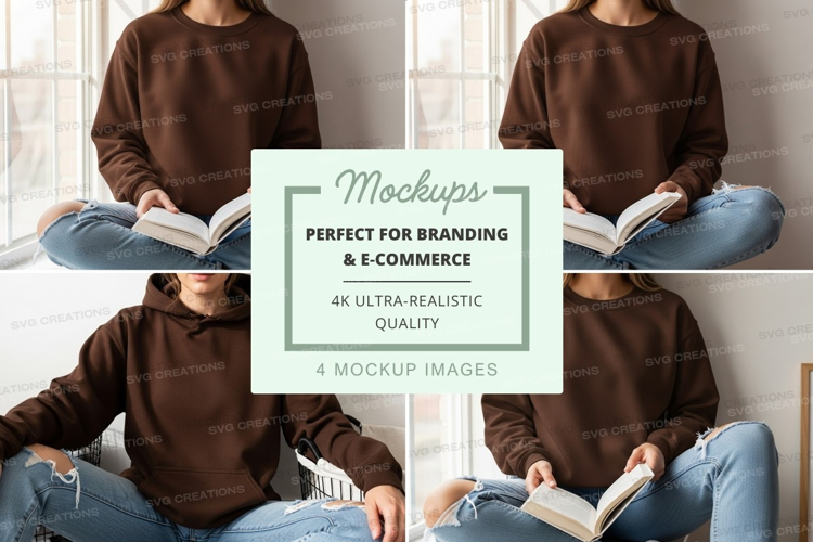 Woman reading book mockup on blue cushion minimalist lifesty