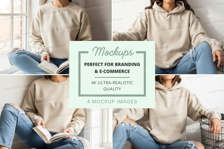 Woman reading book mockup cozy neutral hoodie home lifestyle