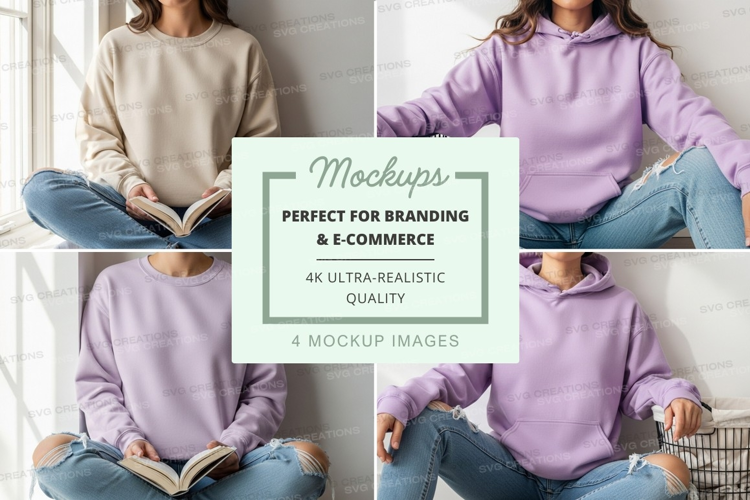 Woman reading book mockup in cozy neutral hoodie