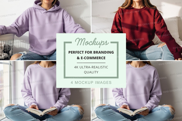 Woman reading book mockup in cozy sweater and jeans