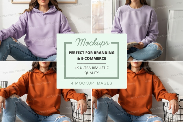 Woman holding shopping mockup in cozy bedroom setting