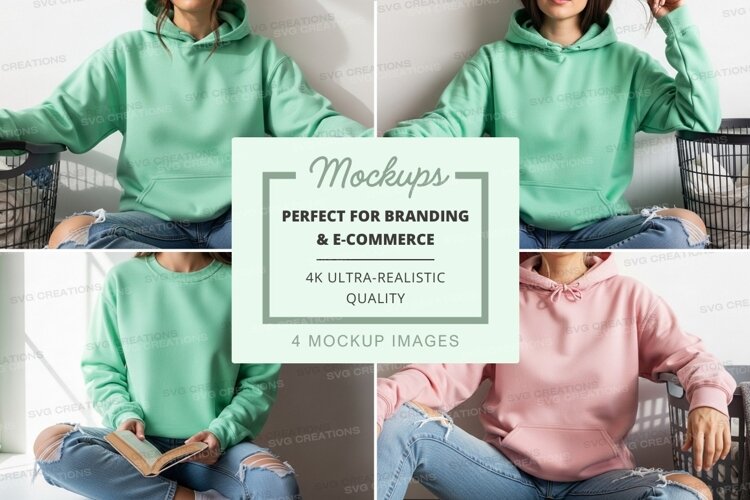 Women in hoodies mockup on white couch lifestyle example image 1