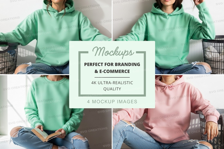 Women in hoodies mockup on white couch lifestyle