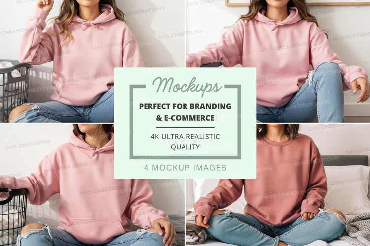Woman hoodie mockup blue jeans lifestyle indoor casual
