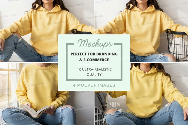 Woman in yellow hoodie mockup on couch with shopping bags