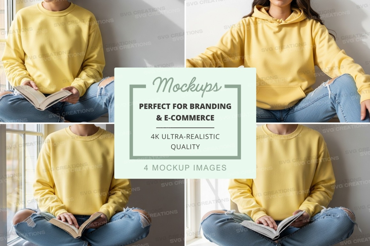 Woman reading book mockup in yellow hoodie at home
