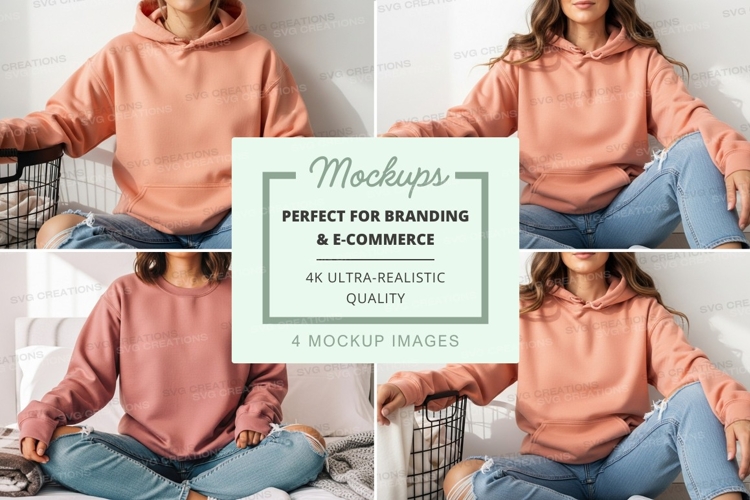 Woman in hoodie mockup on bed with laptop and phone