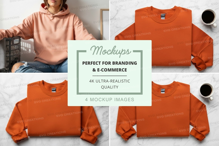 Woman wearing oversized orange hoodie mockup on marble
