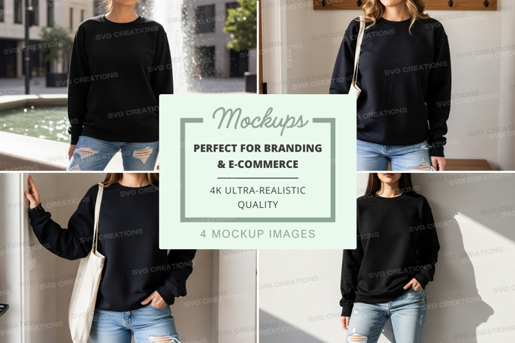 Black oversized sweatshirt mockup on model outdoor urban