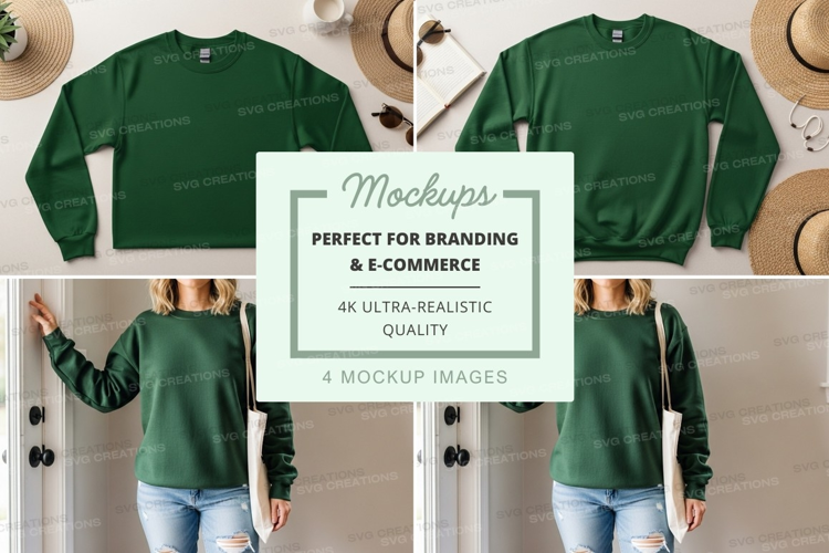 Green sweatshirt mockup on hanger and model display