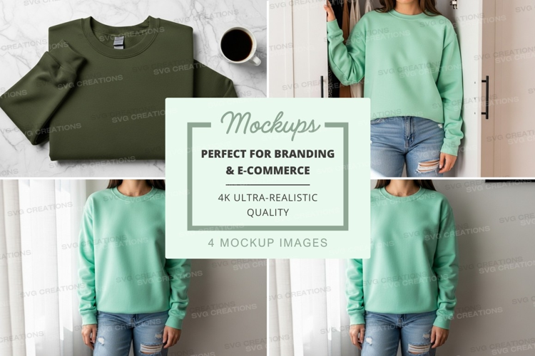Green sweatshirt mockup on model and flat lay with coffee